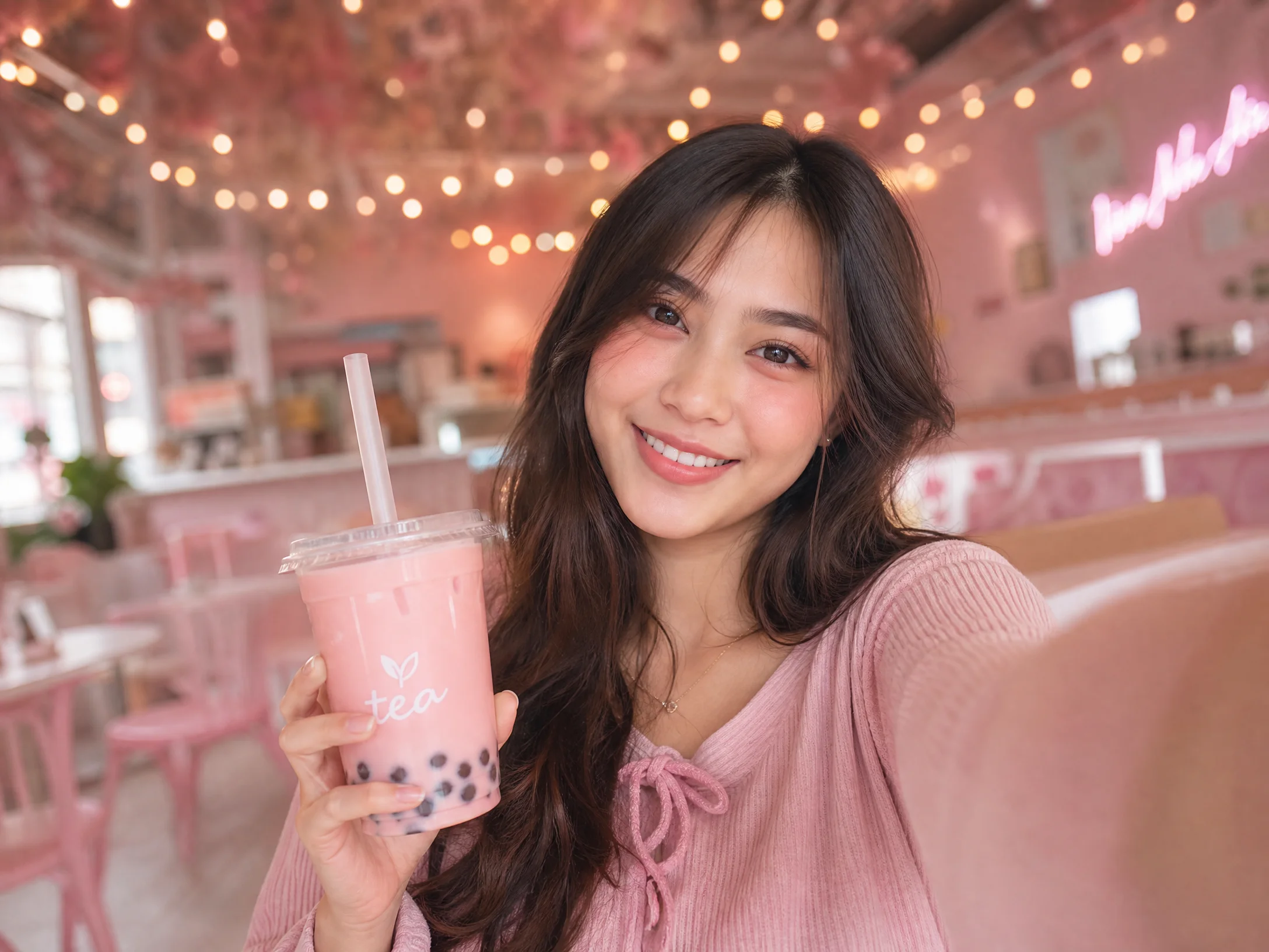 糖心创作者在粉色咖啡厅拍摄奶茶探店Vlog